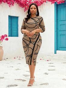 SHEIN Lady CURVE 大尺碼女款圓領拼色休閒日常夏秋洋裝 - 卡其色 - 查看 7