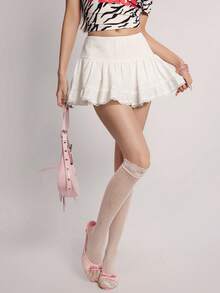 INAWLY Women's New Summer Y2K Retro Low Waist Contrast Lace Mini Skirt, Minimalist Sexy Sexy Plaid Texture Fabric Mini Skirt, Hot Girl Sexy Low Waist Lace Skirt, White Skirt, Retro Preppy Style Lined White Skirt, Low Waist Ultra Skirt, Suitable For Daily Outings, Shopping, Going Out - White - View 8