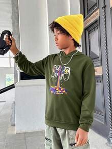 SHEIN 青少年男孩遊戲主機印花長袖休閒運動衫 - 軍綠色 - 查看 3