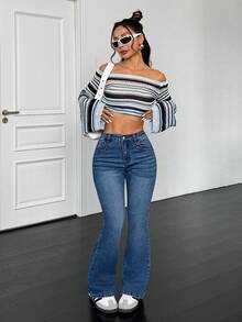 SHEIN PETITE Jeans de pierna acampanada con bolsillos diagonales lavados versátiles y de moda para mujeres, para mujeres de talla pequeña - Azul - Ver 6