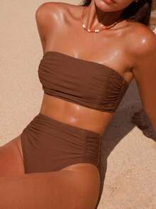 SHEIN Swim 女款純色抹胸比基尼套裝，雙側抓皺設計，海灘夏季穿搭 - 咖啡棕 - 查看 1