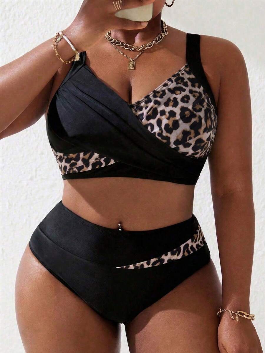 Slaydiva Plus Size Women 2pcs Black & Pink Splice Ruched Tankini Swimwear Set, Summer Beach Holiday - Multicolor - View 1