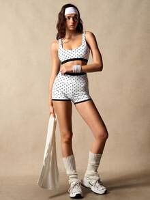 VARSIVA Women's Color Block Polka Dot Print Ultra Short Tank Top & Shorts Sports Set - Black and White - View 6