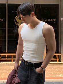 DAZY Men's Ribbed Minimalist Everyday Crew Neck Tank Top, Versatile - White - View 3