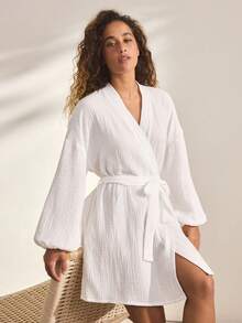 Ocili Leisure Pure Cotton Double Layer Crepe Fabric Minimalist Comfortable Neutral Soft Long Sleeve Robe Pajamas Women's Loungewear - White - View 7