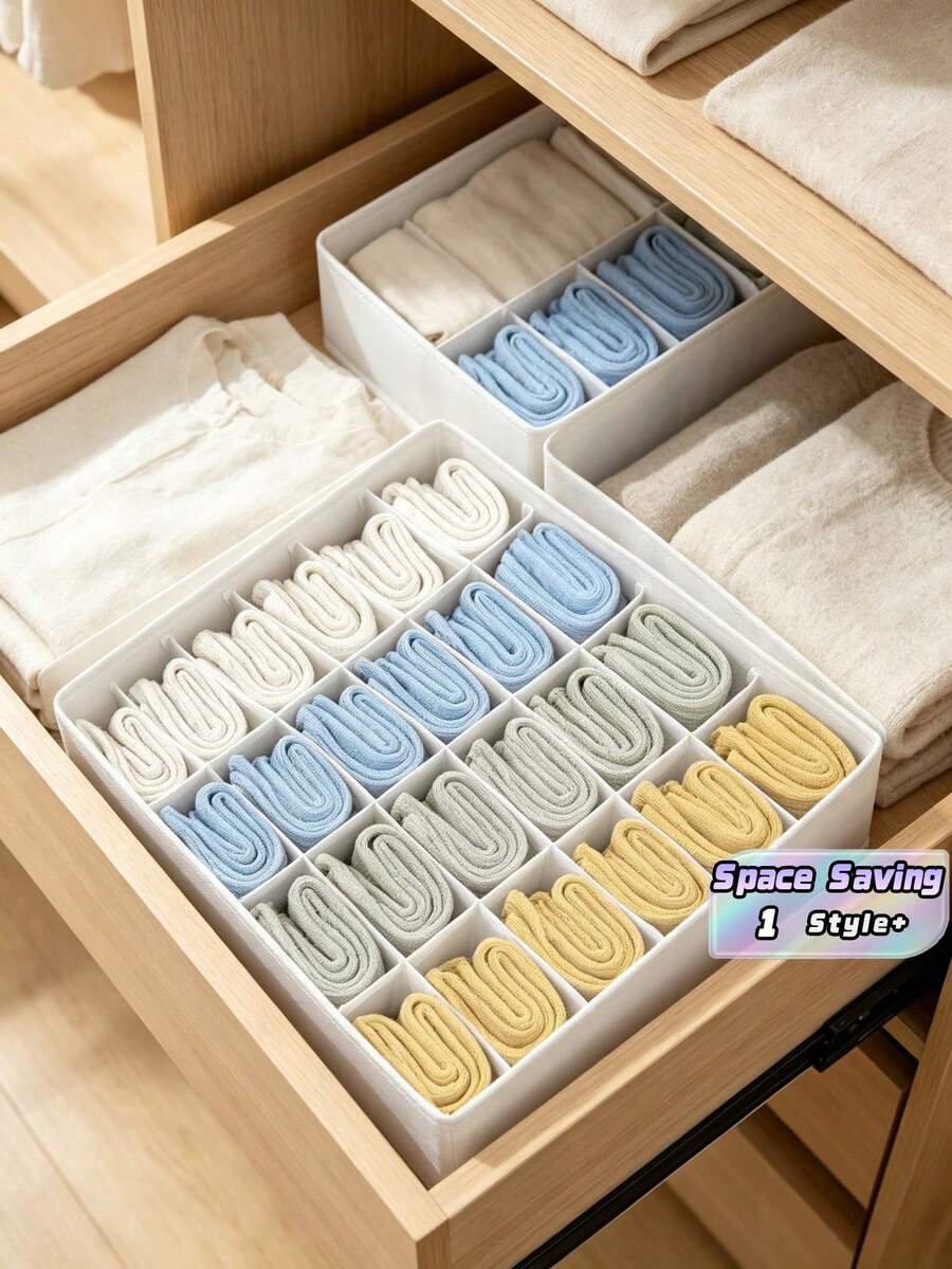3 Pcs 24 Grid Grey/Pink/White/Beige Drawer Divider OrganizerWardrobe Storage Rack Sock Holder For Handkerchiefs Ties Belts For Bedroom Closet Dormitory Office Travel Gift For Housewarming Holiday Party Home Organization Solution