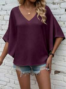 EMERY ROSE Casual Solid Color Batwing Sleeve Shirt, Summer Holiday Vacation Dark Purple - Purple - View 6
