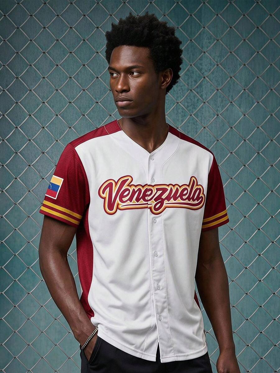 EVRINFINITE Men's Baseball Jersey, #13 Red & White Color, Embroidered Letter, Loose V-Neck Short Sleeve Button-Up Sporty Top, Suitable For Street Hip-Hop, Baseball, Golf Daily Workout Spring Sports - White - View 1