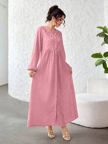 Al Najma Notched V-Neck Embroidered Patchwork Textured Solid Color Arabian Dress - Pink - View 5