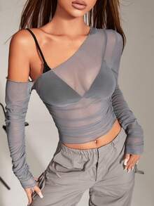 SHEIN ICON Grey Asymmetrical Neck Sheer Mesh Perspective Top Without Bra - Grey - View 3