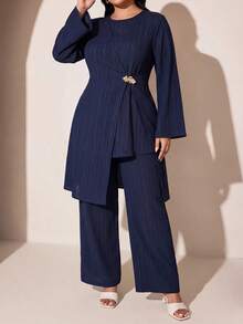 Veilorie Plus Size Solid Color Wrap Top And Pants 2 Pieces Set - Blue - View 7