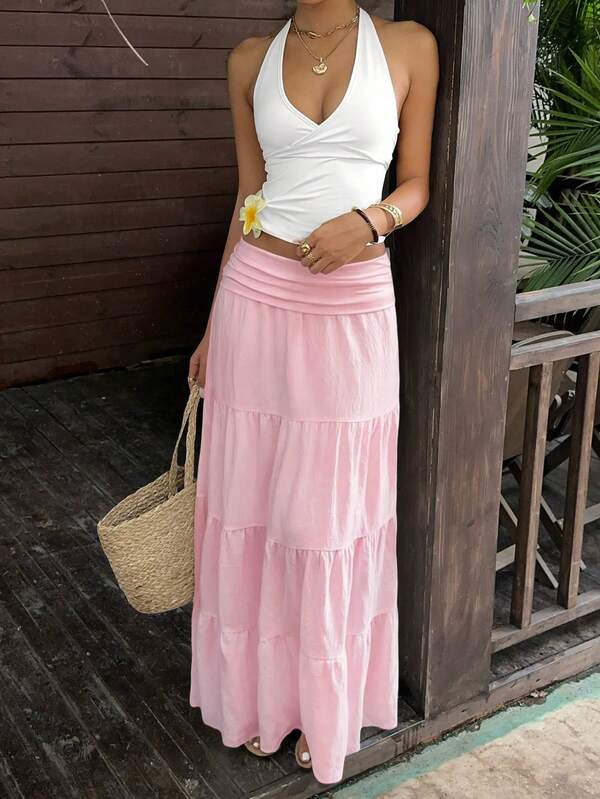 Sunnyshic Summer Fashion Design French Style Elegant Gentle Vacation Beach Versatile Casual Multi-Layer Ruffle Cake Women's Long Skirt