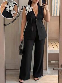 Modelyn Plus Size Women's 3D Floral Decor Vest And Pants Elegant Suit Set - Black - View 4