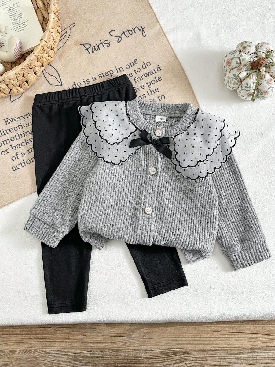SHEIN Playful Pals 女嬰波點彼得潘領蝴蝶結裝飾長袖外套與長褲休閒日常套裝