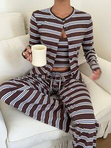 SHEIN EZwear 女款棕色條紋細肩帶背心、長褲與開襟衫休閒法式日常居家居家服旅行套裝，適合秋季早午餐旅行 - 彩色 - 查看 1