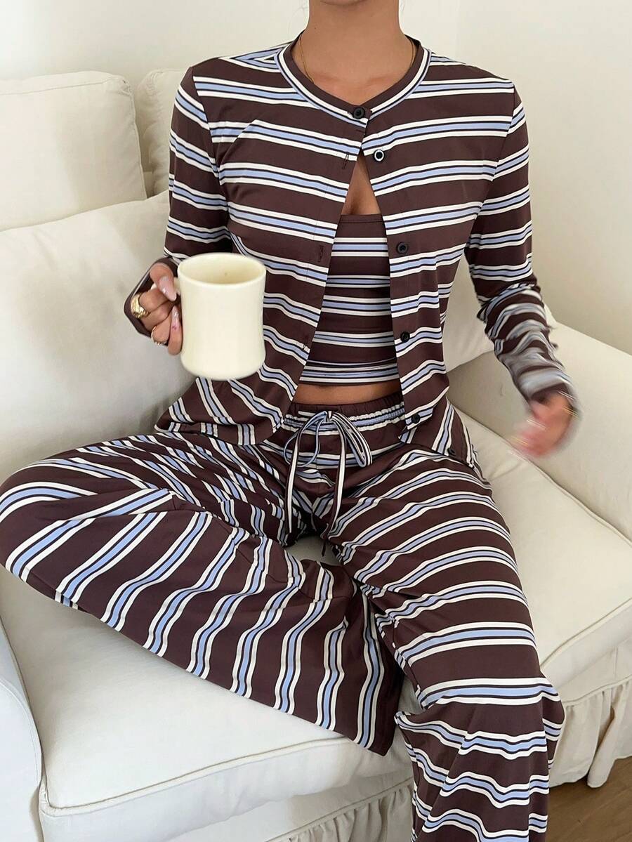 SHEIN EZwear 女款棕色條紋細肩帶背心、長褲與開襟衫休閒法式日常居家居家服旅行套裝，適合秋季早午餐旅行 - 彩色 - 查看 1