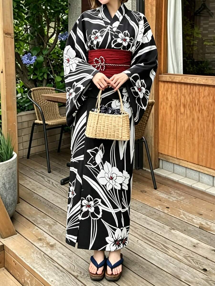Irokai 日式女士传统印花和服浴衣套装,适合夏季节日 - 黑色 - 查看 1