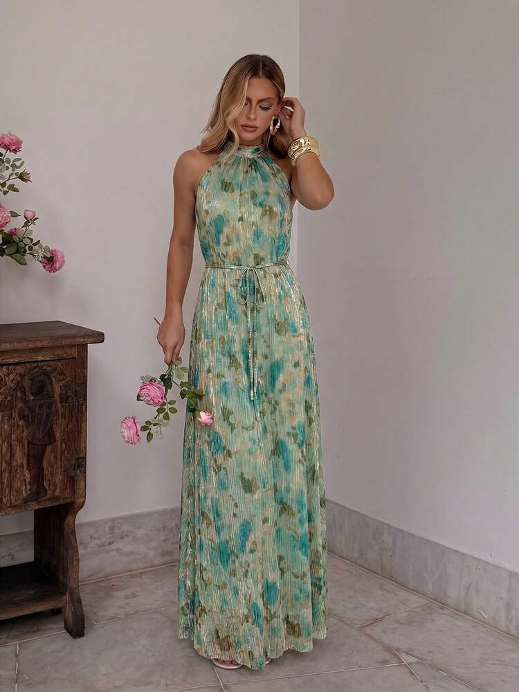 BiaLiraa 女款優雅花卉印花A字洋裝，收腰設計，掛脖領，適合春/夏，婚禮、派對、節慶、畢業典禮、度假 - 綠色 - 查看 6
