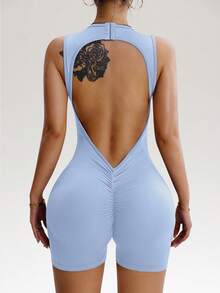 Slayform Solid Color Backless Seamless Sports Romper Shorts - Breezy Blue - View 4