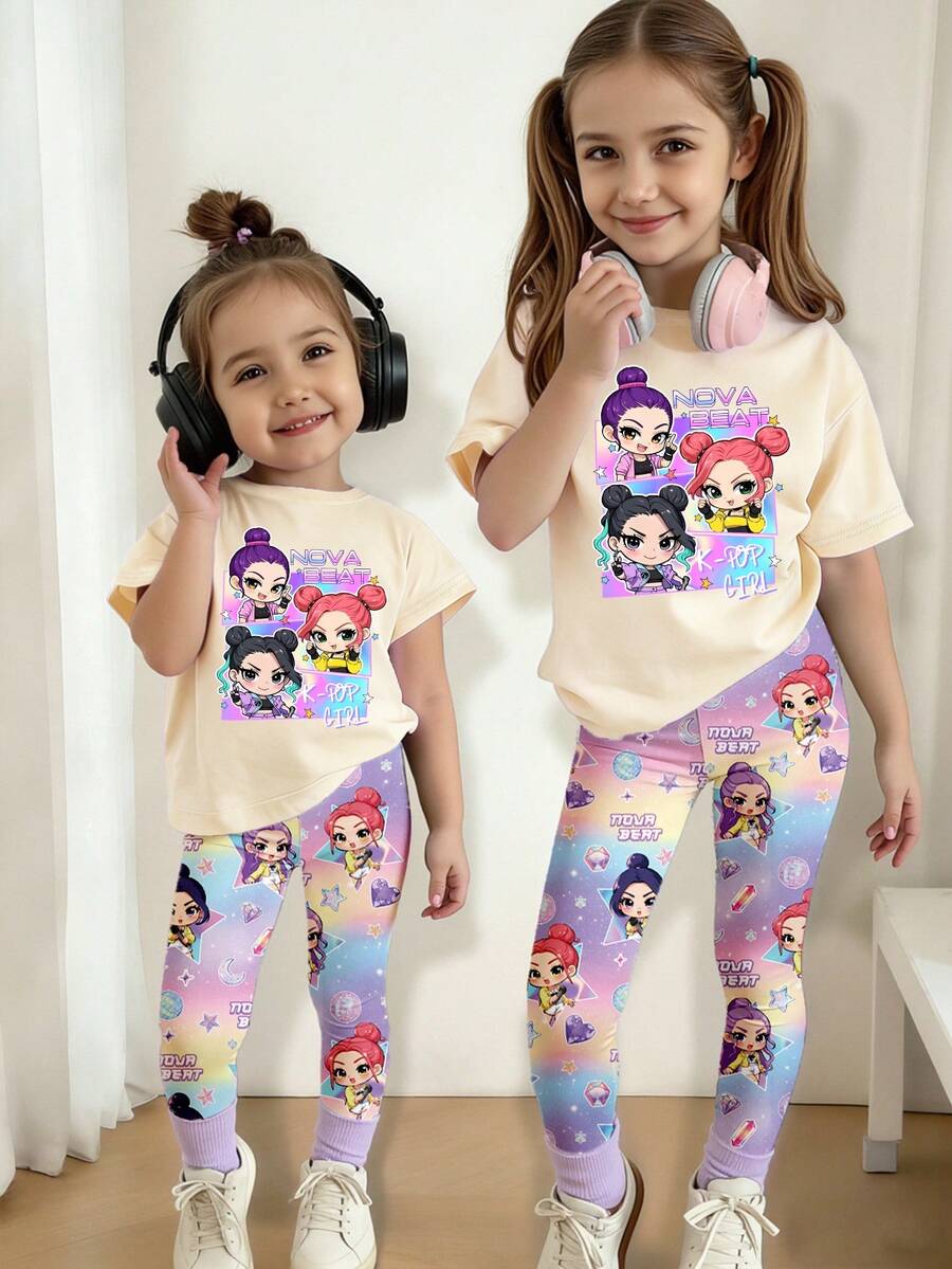 SHEIN 春夏秋季女童休闲时尚创意个性清新简约可爱虚拟少女组合卡通人物彩色五角星星月钻石爱心渐变印花短袖T恤和打底裤套装,舒适日常穿着,温暖夏秋风格 - 彩色 - 查看 1
