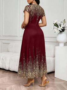SHEIN Lady 大尺碼女款圓領金箔時尚派對洋裝 - 酒紅色 - 查看 3