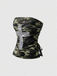 ROMWE J-Fashion Top tubo negro Y2K con remaches en cruz, strass, cordón y abertura para mujer - Verde militar - Ver 1