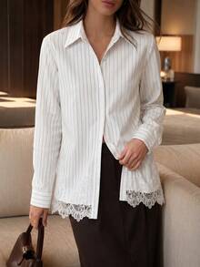 Avenya Chemise à manches longues avec col à bordure en dentelle rayée, style décontracté élégant et chic, pour le quotidien, les trajets, la Fête des enseignants, le brunch et le bureau, noir et blanc, automne - Blanc - Voir 3