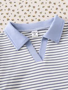 Girls' T-Shirt With Collar, Striped Colorblock, Waist-Cinching, Casual Back To School Academy Style - Blue and White - View 8