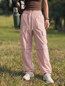 WanderVale Women's Solid Color Drawstring Waist Cargo Pocket Hiking Pants - Pink - View 5