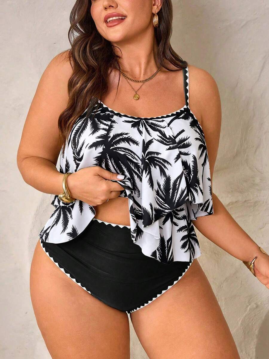 Swim Lushoire Setelan 2pcs Wanita Ukuran Plus Motif Pohon Kelapa, Atasan Tali Bahu Tipis dengan Hiasan Ruffle dan Celana Panjang Pinggang Tinggi dengan Hiasan Ruffle, Liburan Musim Panas di Pantai, Warna Putih - Hitam dan Putih - View 1