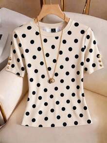 GlowEve Women's Polka Dot Print Short Sleeve Top, Elegant Round Neck Top, Casual Slim Fit, French Vintage Style, Minimalist Classic Black And White Polka Dot Top, Summer Fashion Top, Cuff Button Decoration, Soft And Comfortable Fabric, Suitable For Commuting, Office, Business Casual, Daily Wear, Dating, Gathering, Vacation, Travel And More - Apricot - View 3