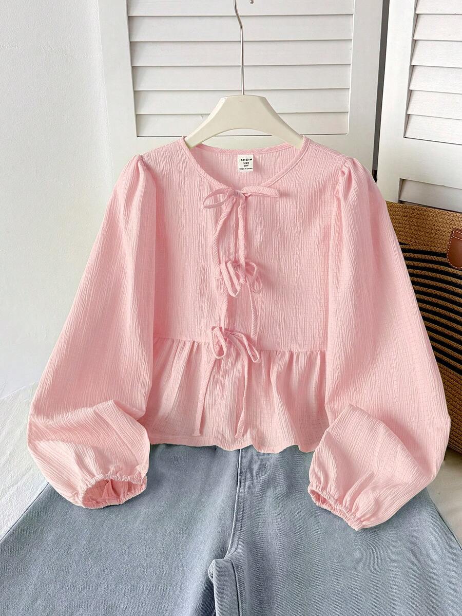 SHEIN 青少年女孩休閒簡約舒適粉色圓領長袖蝴蝶結綁帶紋理襯衫 - 粉色 - 查看 1