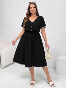 Shapeblank Plus Size Summer Casual Contrast Trim Embroidered Dress - Multicolor - View 4