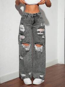 SHEIN Tall Fashionable Distressed Ripped Wide Leg Grey Jeans, Tall Women - Grey - View 3