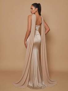 Glamrae Elegant Romantic Queen Cream Satin Strapless Cowl Neck Floor-Length Mermaid Gown Detachable Chiffon Drape Fall Homecoming Graduation Evening Christmas - Apricot - View 3