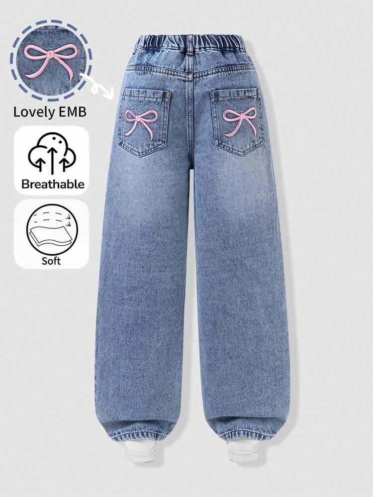 Girls' Wide Leg Denim Jeans, Casual Cute Sweet Vintage Style Light Blue Pink Bow Embroidery, Elastic Waistband, Loose Fit, Soft Fabric, School Summer - Light Wash - View 4