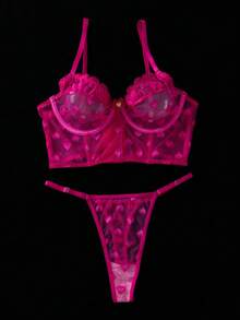 SHEIN 愛心網紗蕾絲鋼圈內衣與丁字褲 2 件組內衣套裝 - 玫紅色 - 查看 4