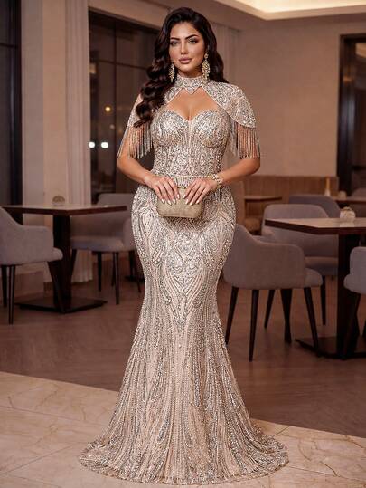 Auveirra Plus Size Elegant Luxurious Champagne Beaded Sequin Mermaid Dress,Tassel Sleeve Design,Beige,Winter,Formal,Formal,Party,Prom,Wedding,Gala,Evening Wear