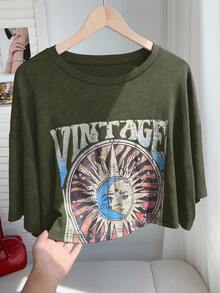 Comfortcana Camiseta holgada de talla grande con estampado de sol en verde, primavera/verano - Verde militar - Ver 3