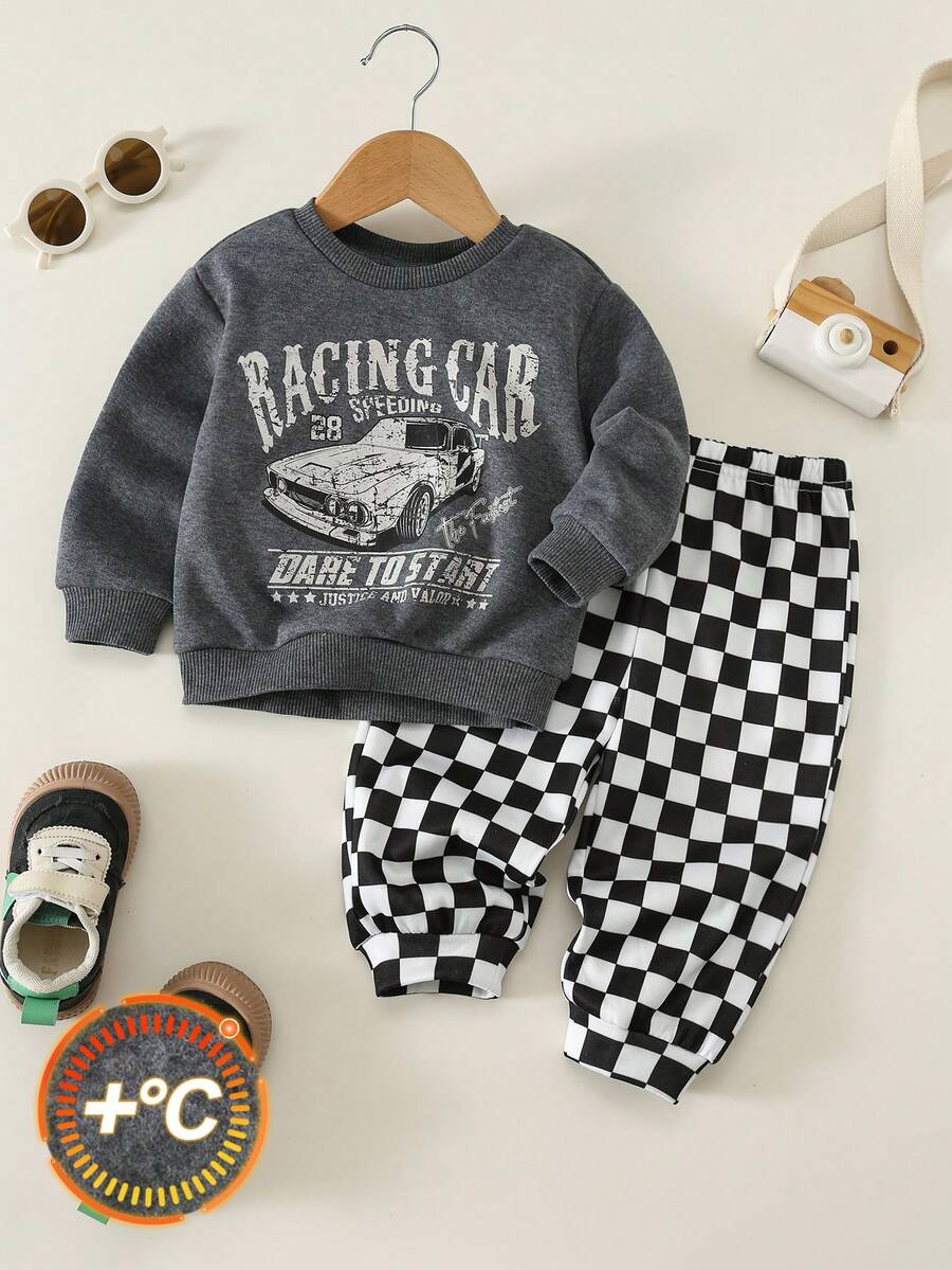 SHEIN 男女嬰兒通用 2件組秋冬保暖內裡加厚休閒時尚賽車圖案運動衫套裝,嬰兒運動服冬裝套裝,街頭風 - 深灰色 - 查看 1