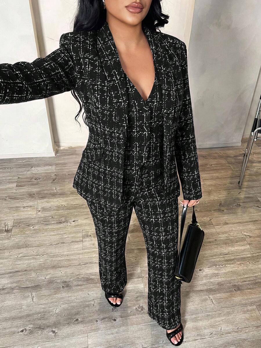 SHEIN SXY 秋冬性感通勤約會深藍色長袖西裝外套、背心與長褲三件套 - 黑與白 - 查看 1