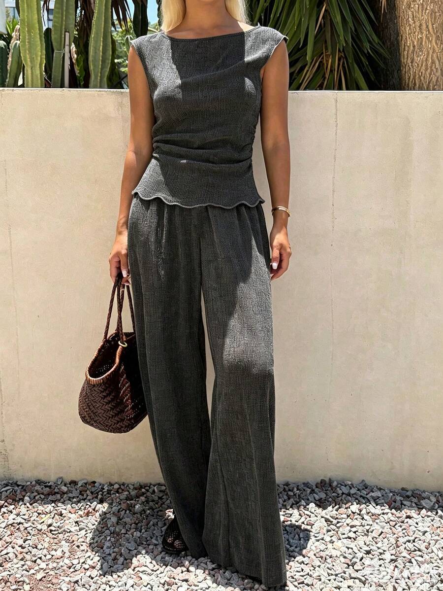 Livesso Women's Casual Vacation Minimalist Solid Color Pleated Fitted Top And Wide Leg Pants 2-Piece Set, Spring/Summer/Autumn Travel Dark Grey - Grey - View 1