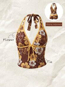 Elavelle Women's Random Print Spaghetti Strap Bow Tie Camisole Bikini Top, Spring/Summer - Multicolor - View 4