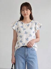Yumoku 女款花卉印花圓領休閒短袖上衣，夏季海灘穿搭，商務休閒外出上衣，休閒風 - 彩色 - 查看 1