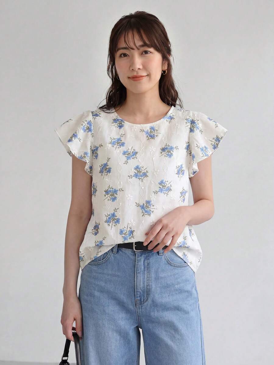 Yumoku 女款花卉印花圓領休閒短袖上衣,夏季海灘穿搭,商務休閒外出上衣,休閒風 - 彩色 - 查看 1