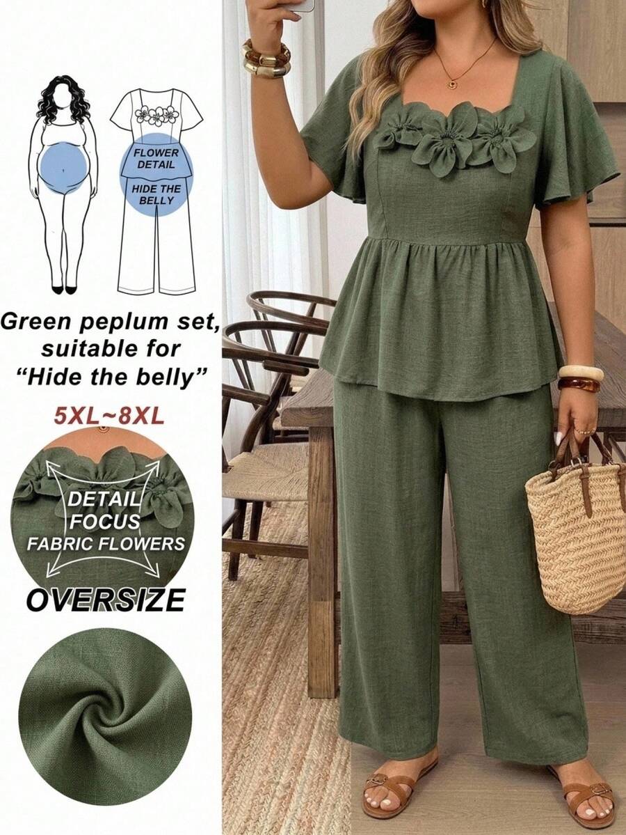 SHEIN CURVE+ Plus Size 3D Floral Decor Ruffle Hem Top And Loose Long Pants 2 Pieces Set - Army Green - View 1