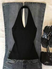 IslaSuriya Women's Solid Color Slim Fit Versatile Daily Wear Halter Neck Top - Black - View 2