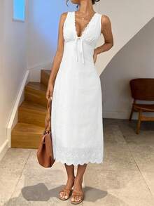 Easowa Curve Plus Size White Summer Elegant Vacation Holiday Women's Embroidered Sleeveless Dress,Lace-Up Front Mid-Length Eyelet Lace Trim Boho Casual Outfits - White - View 1
