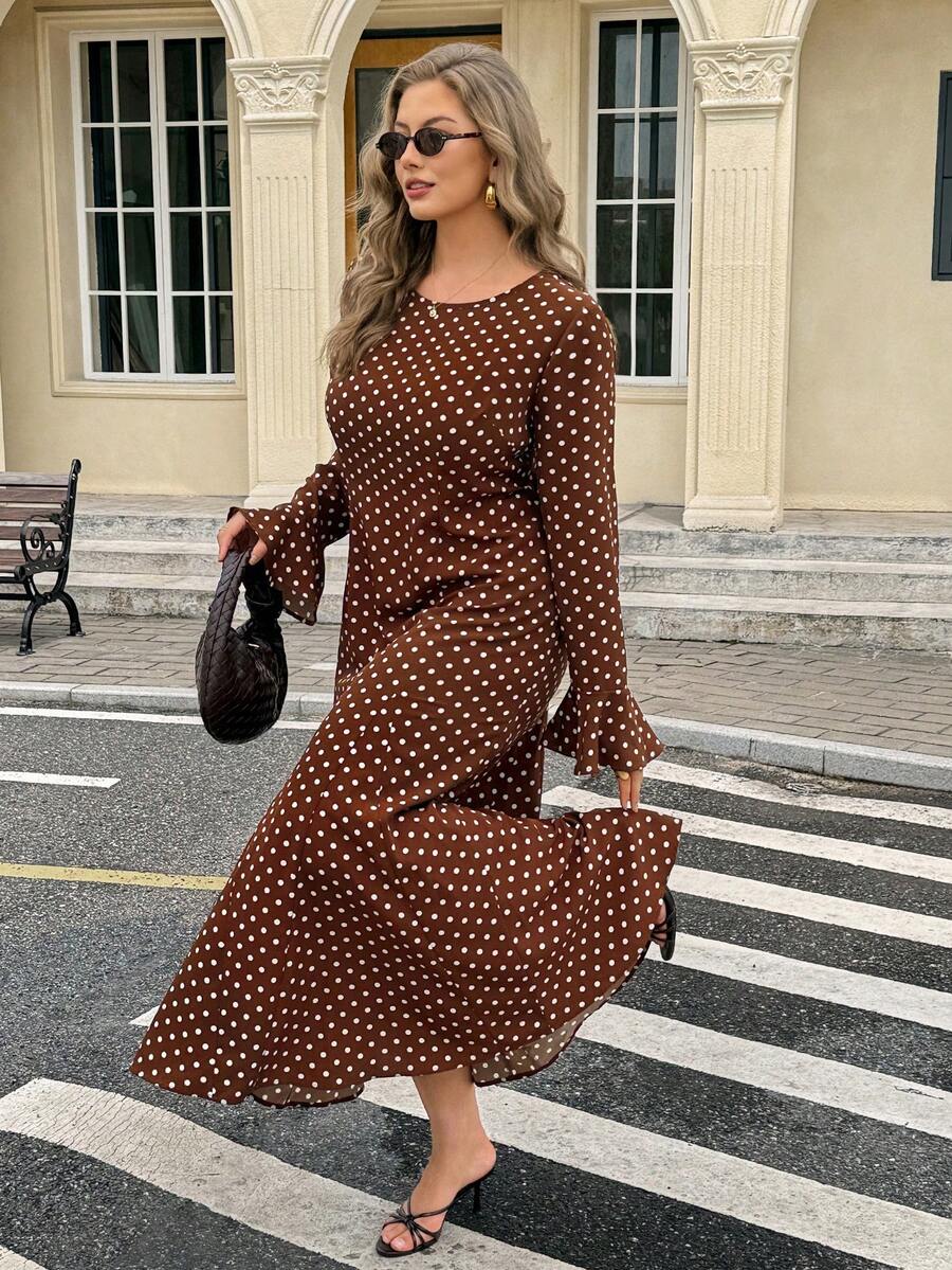 Easura Plus Size Polka Dot Flare Sleeve Mermaid Hem Dress Fall - Brown - View 1