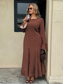 Easura Plus Size Polka Dot Flare Sleeve Mermaid Hem Dress Fall - Brown - View 4